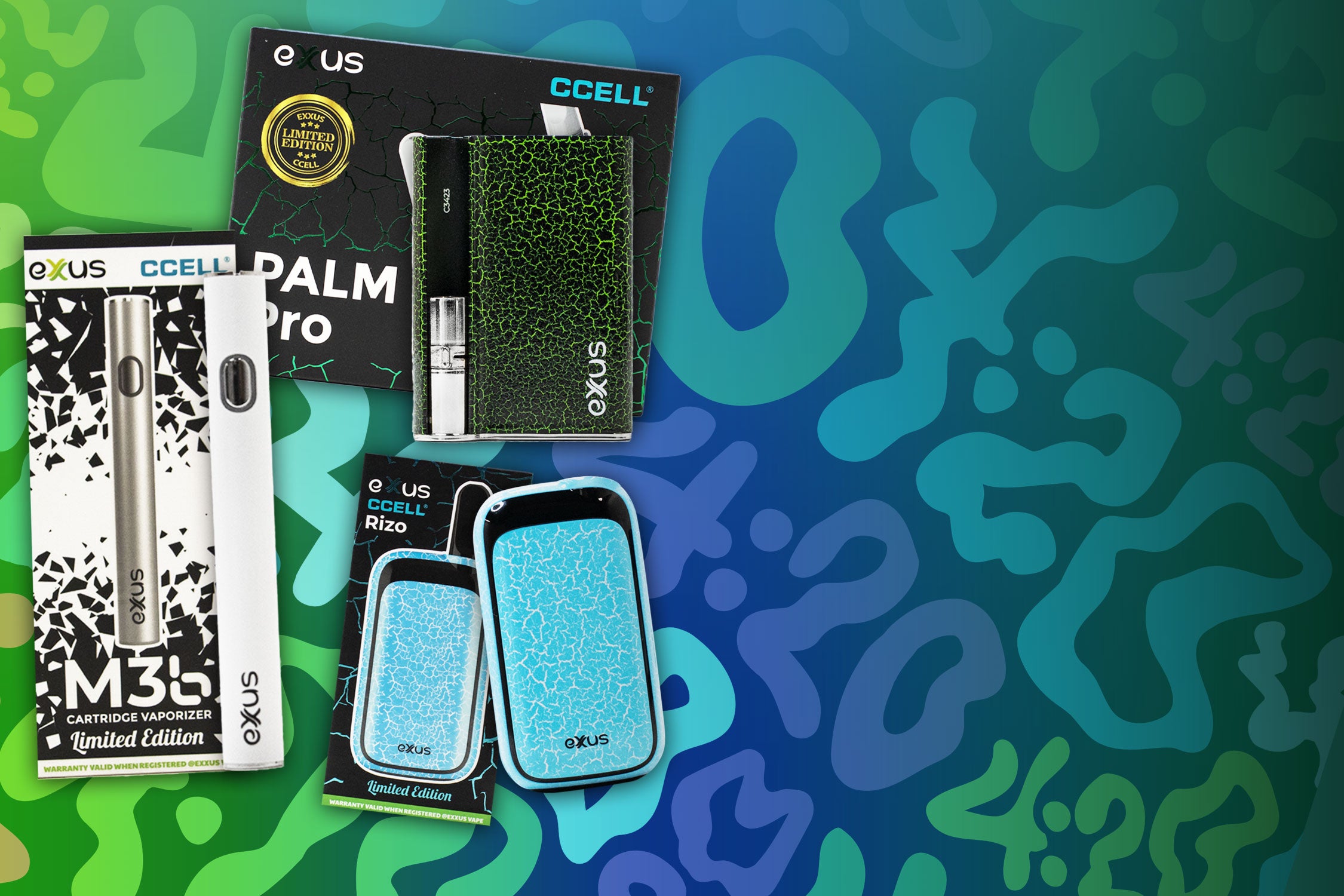 Exxus x CCell products Rizo, Palm Pro and M3B on 420 sale banner 